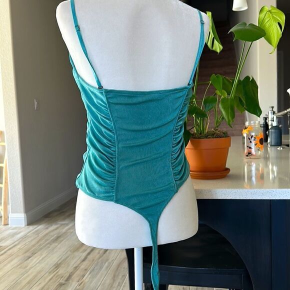 NWOT Free People Bodysuit Teal Loose Fit Ruched Tank S Stretchable Retro Thong - Picture 3 of 12